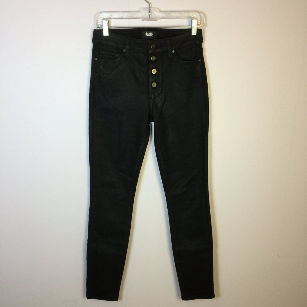 Paige Hoxton Ultra Skinny Jeans Size 27 Womans Black Fox Luxe Coating Button Fly